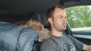 Portrait: Person mit Hund im Auto